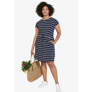 Ellos Casual Blue White‎ Knit Drawstring Dress Striped Short Sleeve Size 14/15